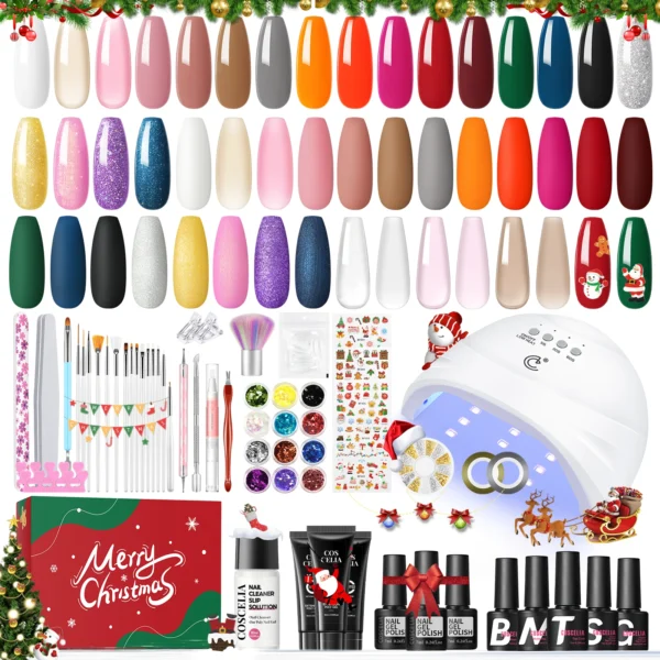 Nail art kits: 20PCS gel polish, poly extension, lamp, gift box