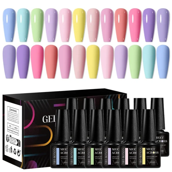 12Pcs 7ml Macaron Nail Art Kits UV Gel Soak Off Manicure Set