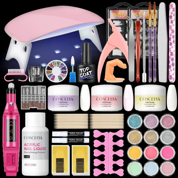 Nail art kits with 6W lamp, acrylic powder, liquid, and drill machine