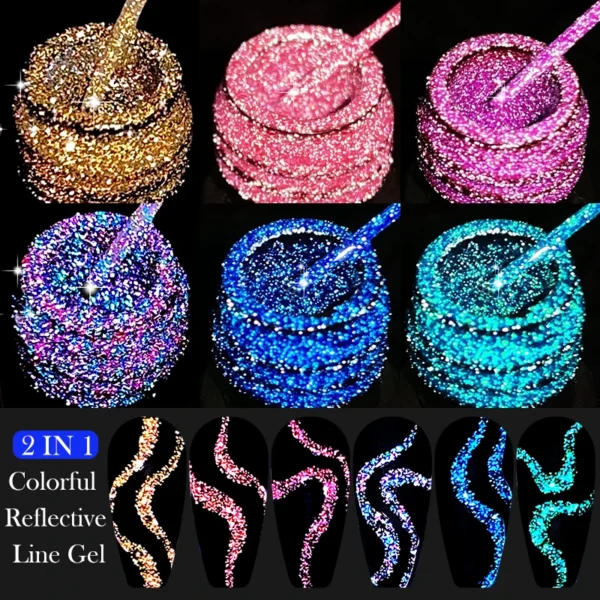 Lilycute 6Pcs Reflective Glitter Liner Gel Set Colorful Sparkling UV Polish - Image 2
