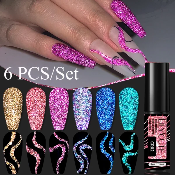 Lilycute 6Pcs Reflective Glitter Liner Gel Set Colorful Sparkling UV Polish