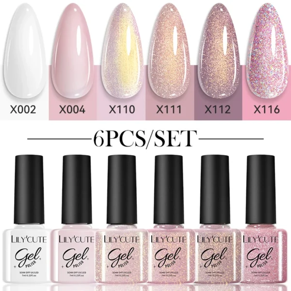 Nail Art Kits: 6PC Gel Polish Set with Glitter & Sequin