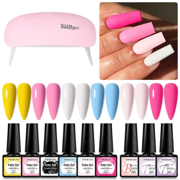 10pcs Nail Art Kits with Gel Polish, Nail Lamp, Base & Top Coat