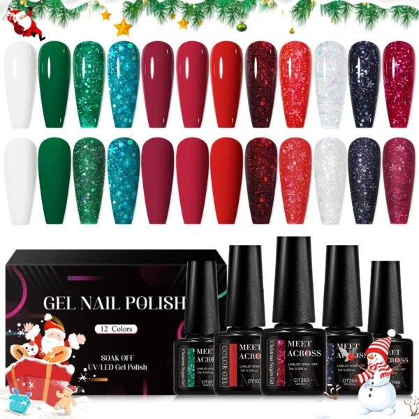 Nail Art Kits: 12Pcs Glitter Snowflakes UV Gel Polish Christmas Set