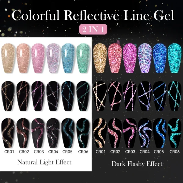 Lilycute 6Pcs Reflective Glitter Liner Gel Set Colorful Sparkling UV Polish - Image 5