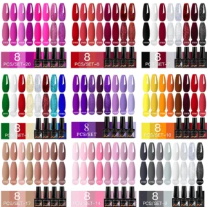 Nail Art Kits: 8Pcs Glitter Rose Red Purple Gel Polish Set