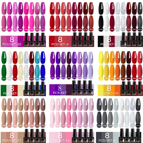 Nail Art Kits: 8Pcs Glitter Rose Red Purple Gel Polish Set