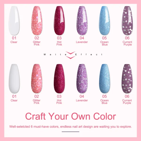 6 x 0.5oz Large Capacity Glitter Pink Purple Blue Nail Art Kits Set - Image 2