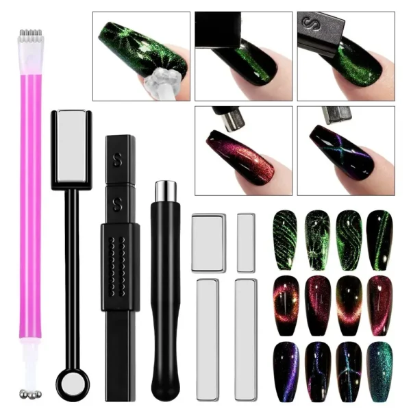 Nail Art Kits: 3D Magnetic Cat Eye Gel Wand Set & Tools