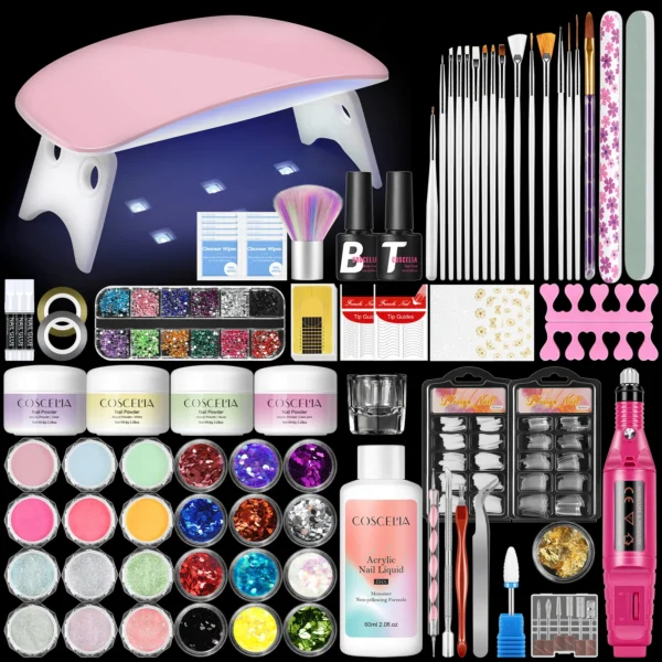 4PCS Acrylic Powder, 60ML Liquid, 6W Lamp, Nail Drill, Top Coat Nail Art Kits